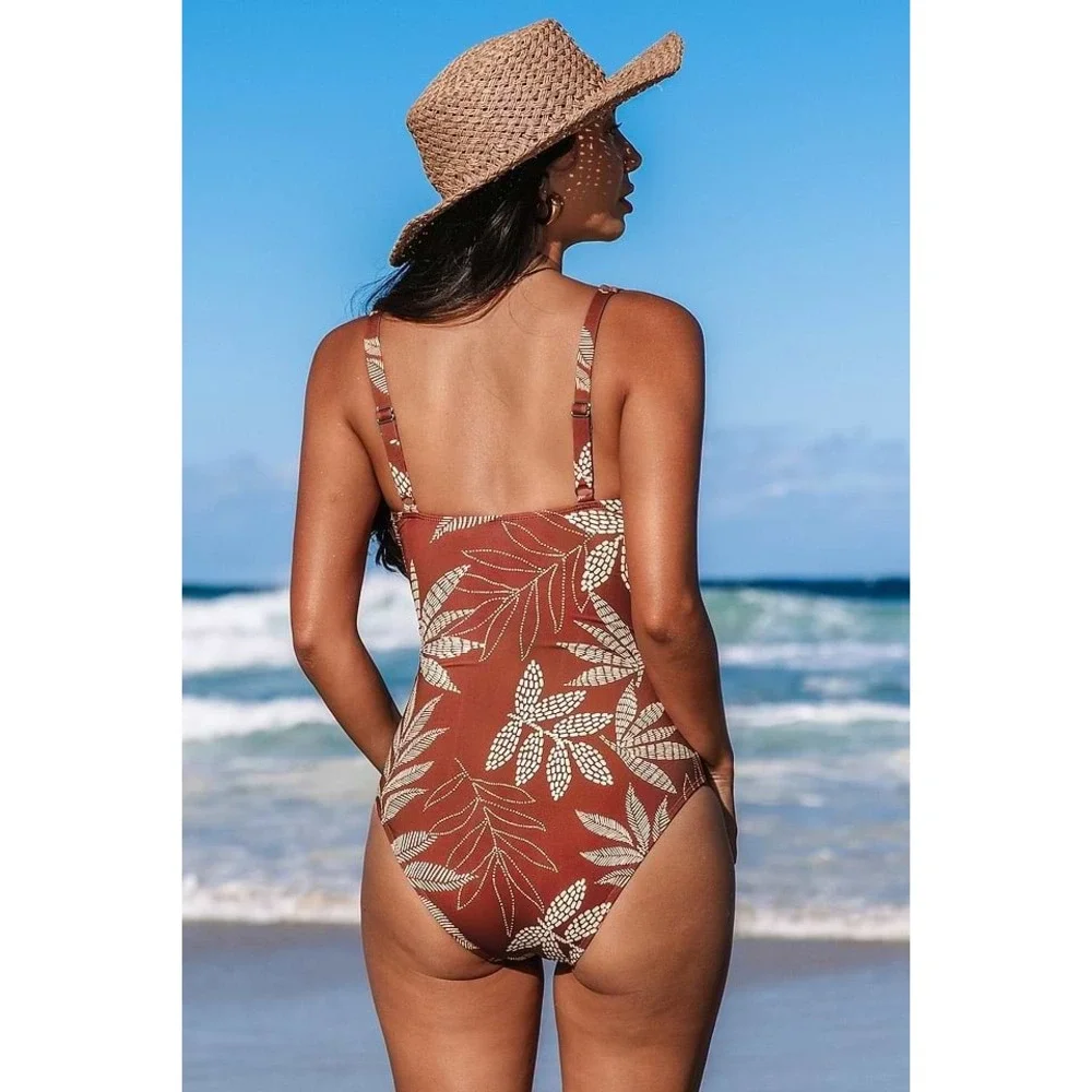 Cupshe Dotted Line Leaf Square Neck Tummy Control One-Piece Medium - Picture 4 of 10